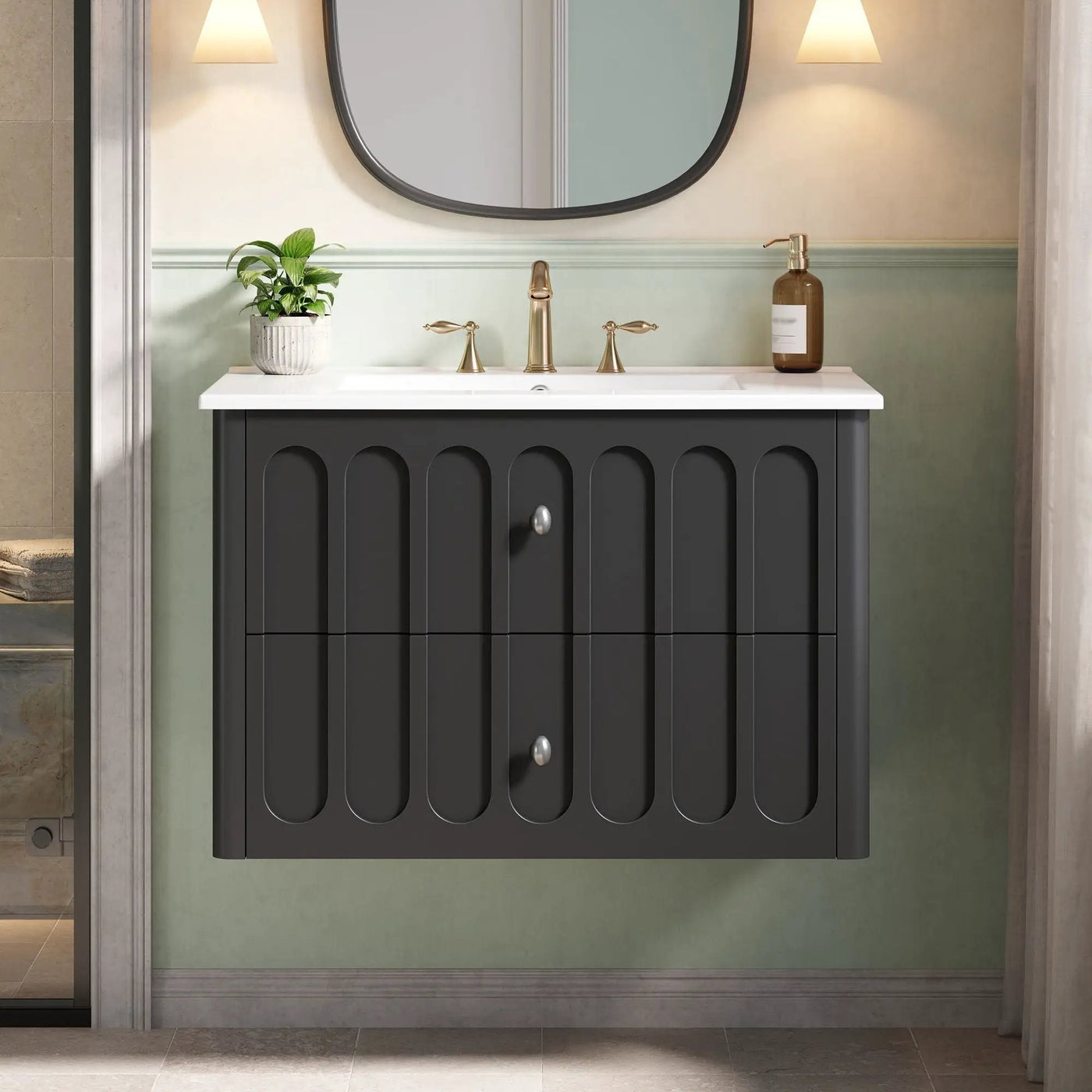 Floating Bathroom Vanity With Oval Knobs & Round Edge, Soft Close Drawer Slides by HouseOfZazla
