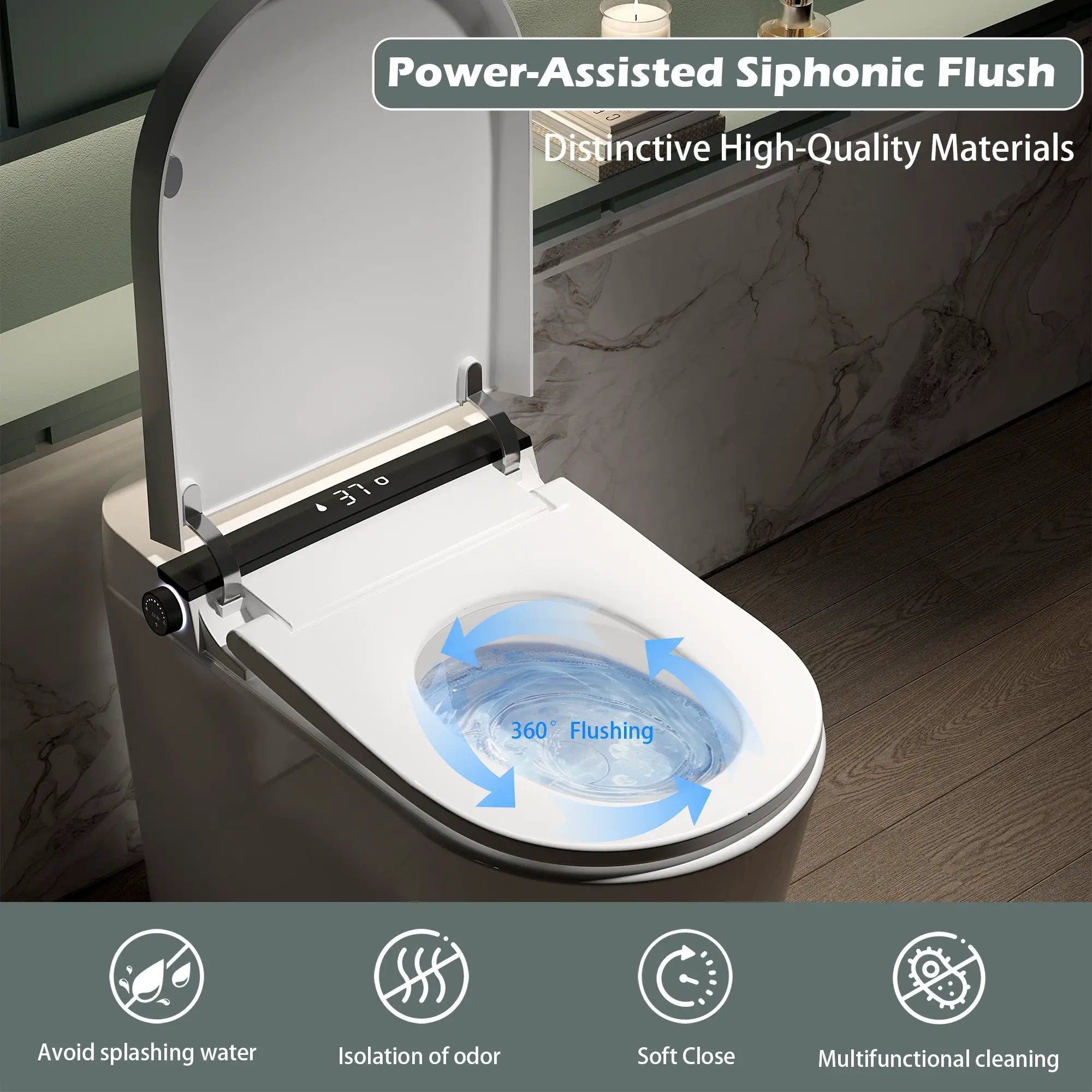 Smart Toilet With Bidet Built-In, Auto Flush, Heated Seat & Warm Air Drying by HouseOfZazla