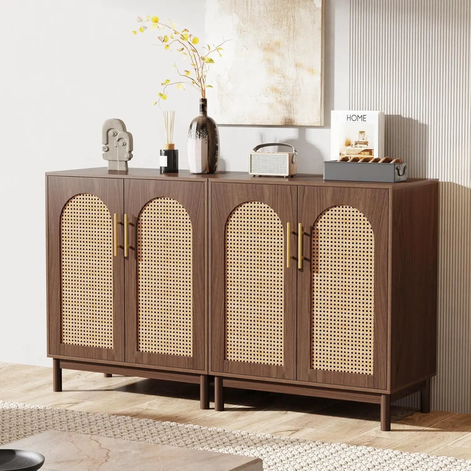 Sideboard Buffet Cabinet With Handwoven Rattan Doors (Set of 2) - Dark Brown by HouseOfZazla