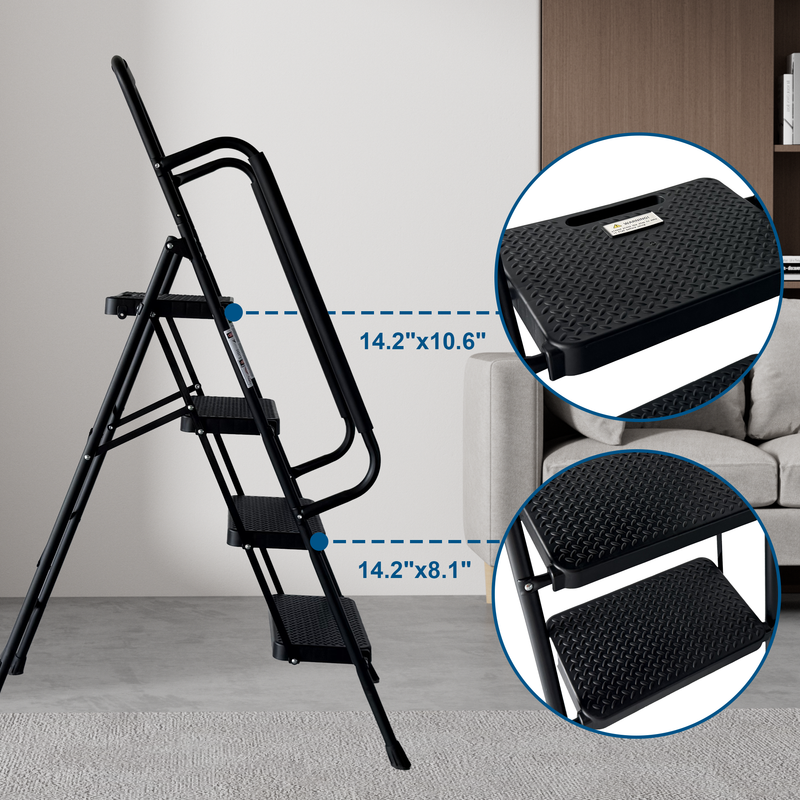 4 Step Folding Steel Ladder with Anti-Slip Pedals and Handrail by HouseOfZazla