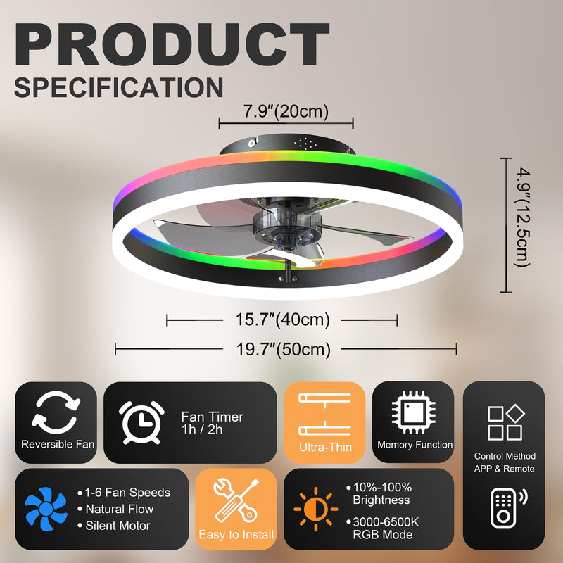 19.7" RGB Flush Mount Ceiling Fan with Light for Bedroom by HouseOfZazla
