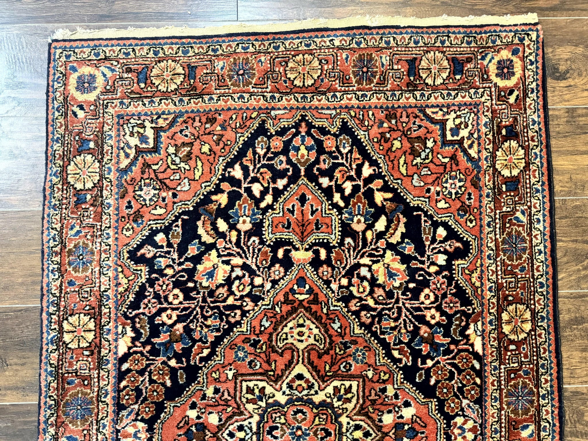 Persian Sarouk Rug 3.6 x 5, Medallion Rug, Red and Midnight Blue, Handmade Semi Antique Vintage Wool Carpet by Jewel Rugs
