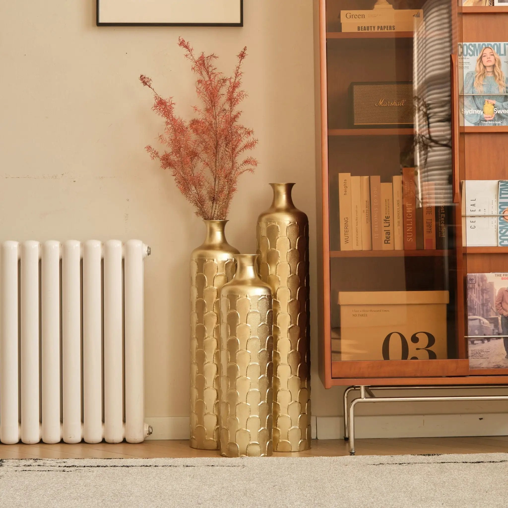 Floor Metal Vases Decorated White Metal Vases (Set of 3) Gorgeous Home Decoration Large Glazed Metal Vases - Golden by HouseOfZazla