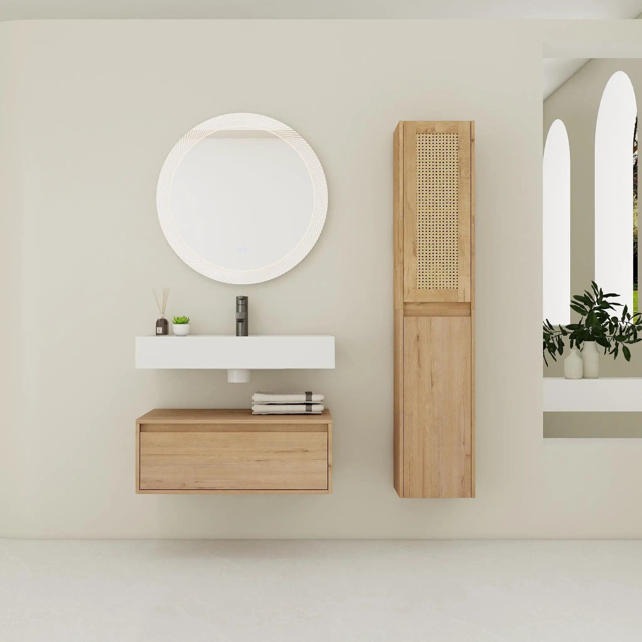 Contemporary Wall Mounted Bathroom Vanity With Resin Sink And 2 Side Cabinet - Imitative Oak by HouseOfZazla