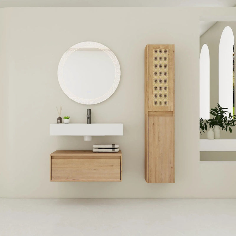 Contemporary Wall Mounted Bathroom Vanity With Resin Sink And 2 Side Cabinet - Imitative Oak by HouseOfZazla
