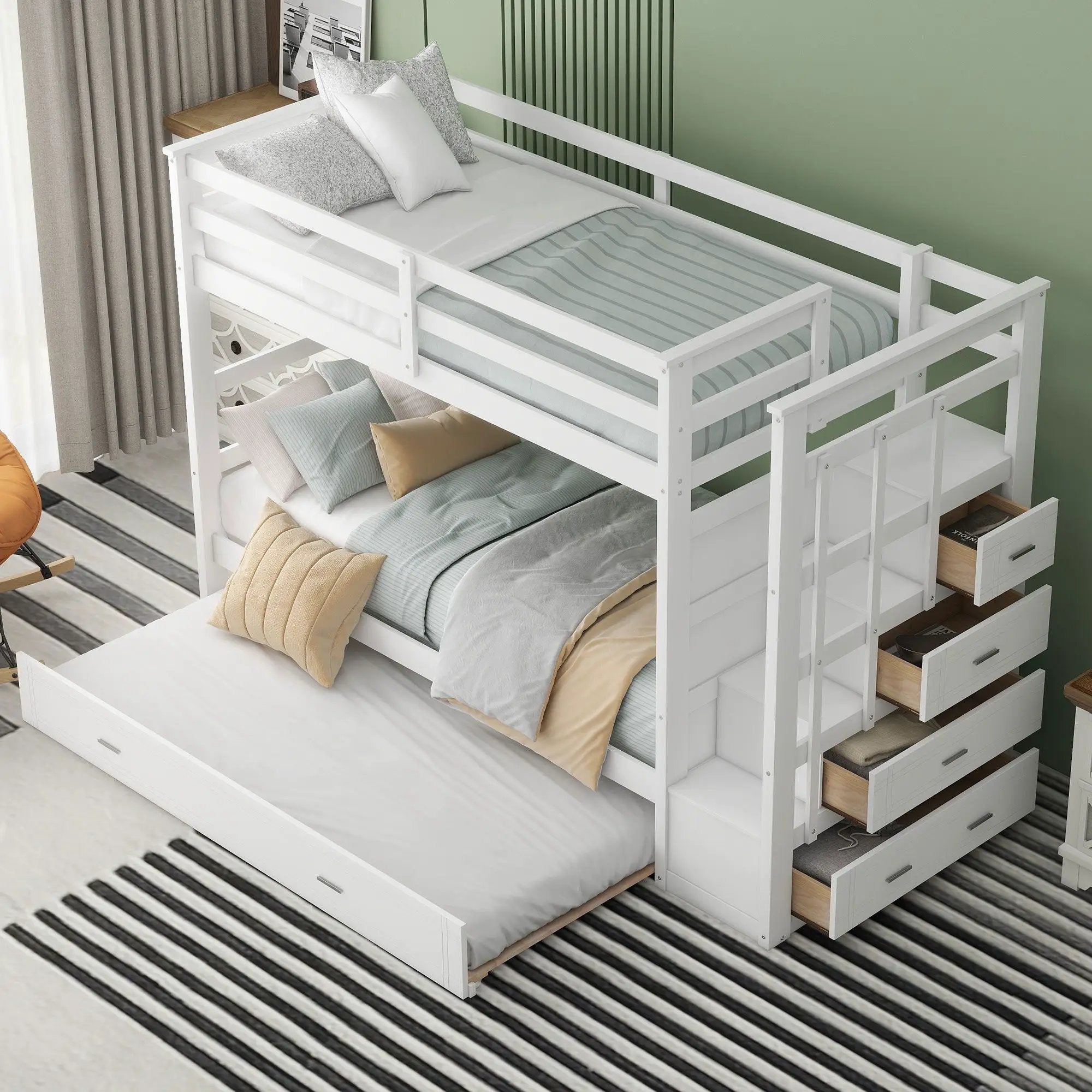 Twin Over Twin Bunk Bed With Trundle And Staircase - White by HouseOfZazla