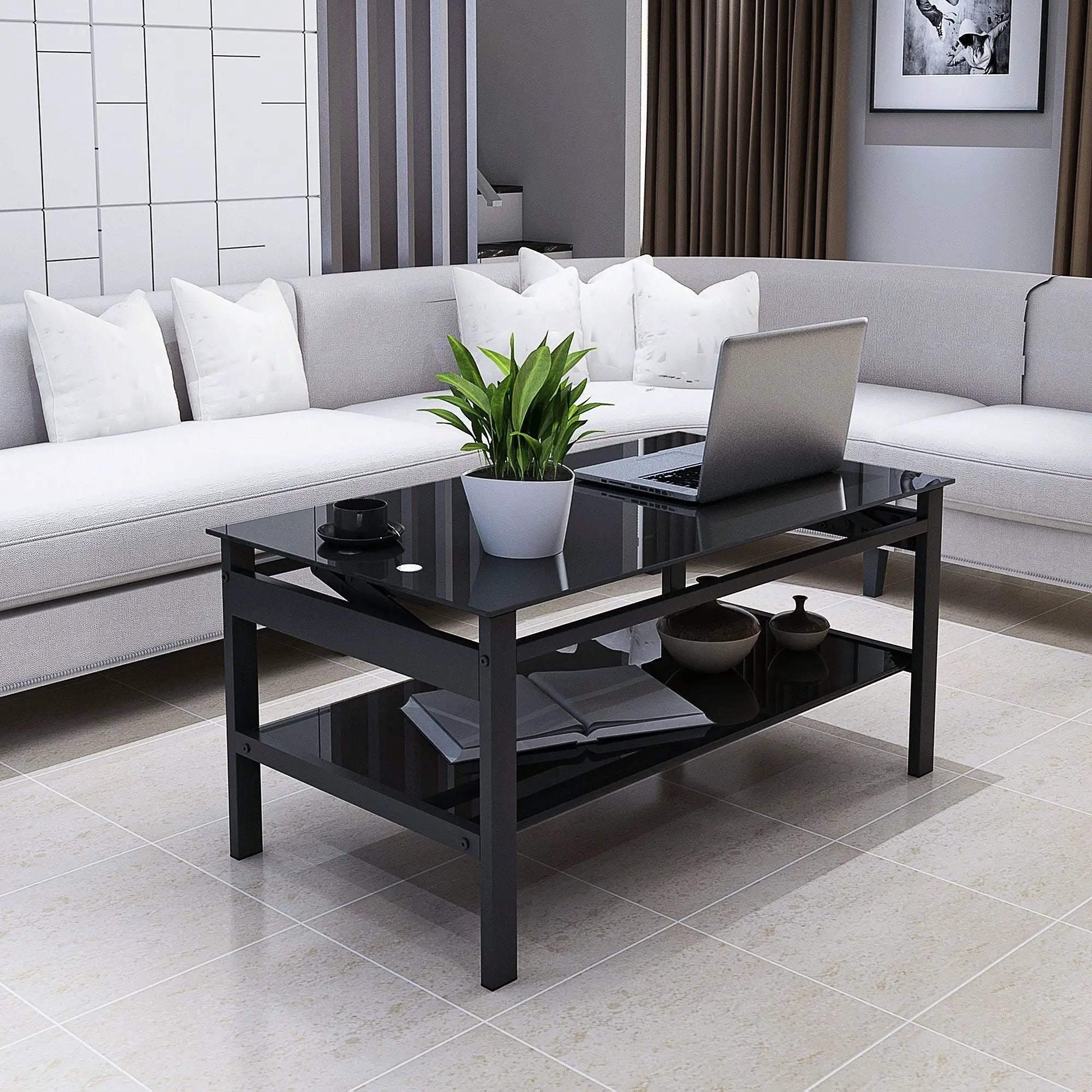 Glass Lift Top Coffee Table, Modern Simple 2-Layer Tempered Glass Coffee Table For Living Room - Black by HouseOfZazla