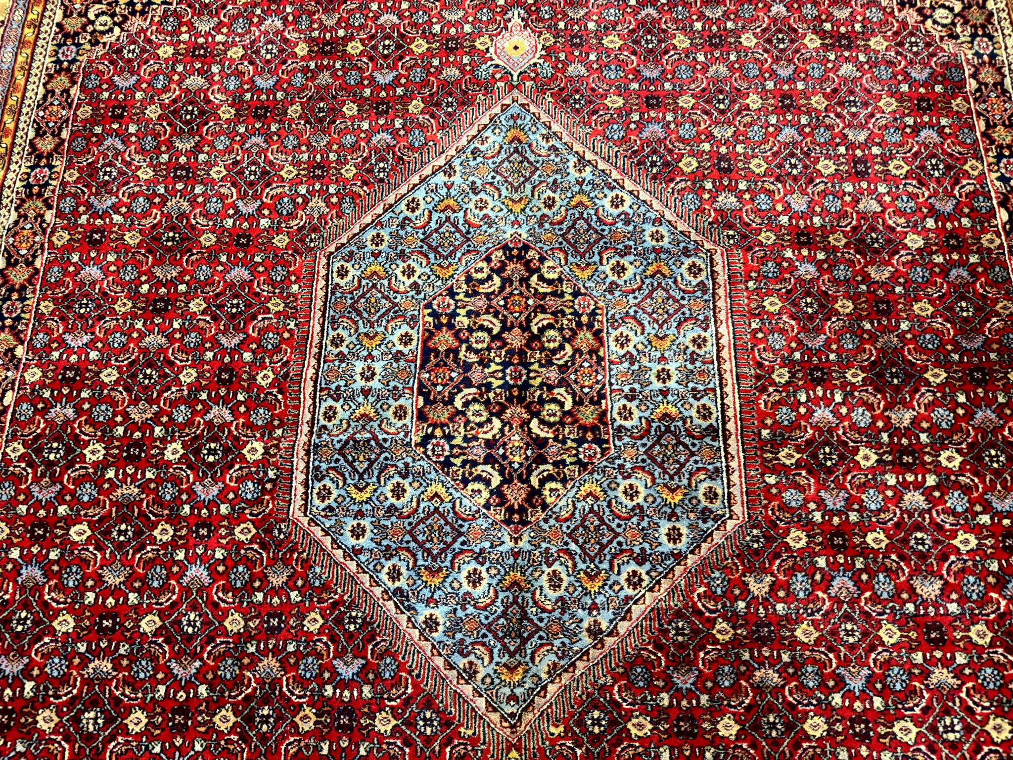 Indo Persian Bidjar Rug 10x14, Red and Dark Blue, Herati Mahi Pattern, Vintage by Jewel Rugs