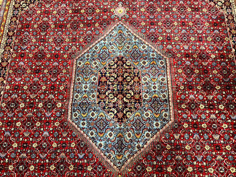 Indo Persian Bidjar Rug 10x14, Red and Dark Blue, Herati Mahi Pattern, Vintage by Jewel Rugs