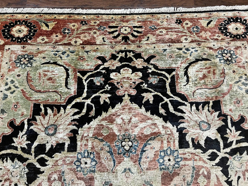 Pak Persian Rug 8x10, Pakistani Mahal Sultanabad Carpet, Signature from Master Weaver, Shiny Wool, Black Red Vintage Handmade Medallion Rug by Jewel Rugs