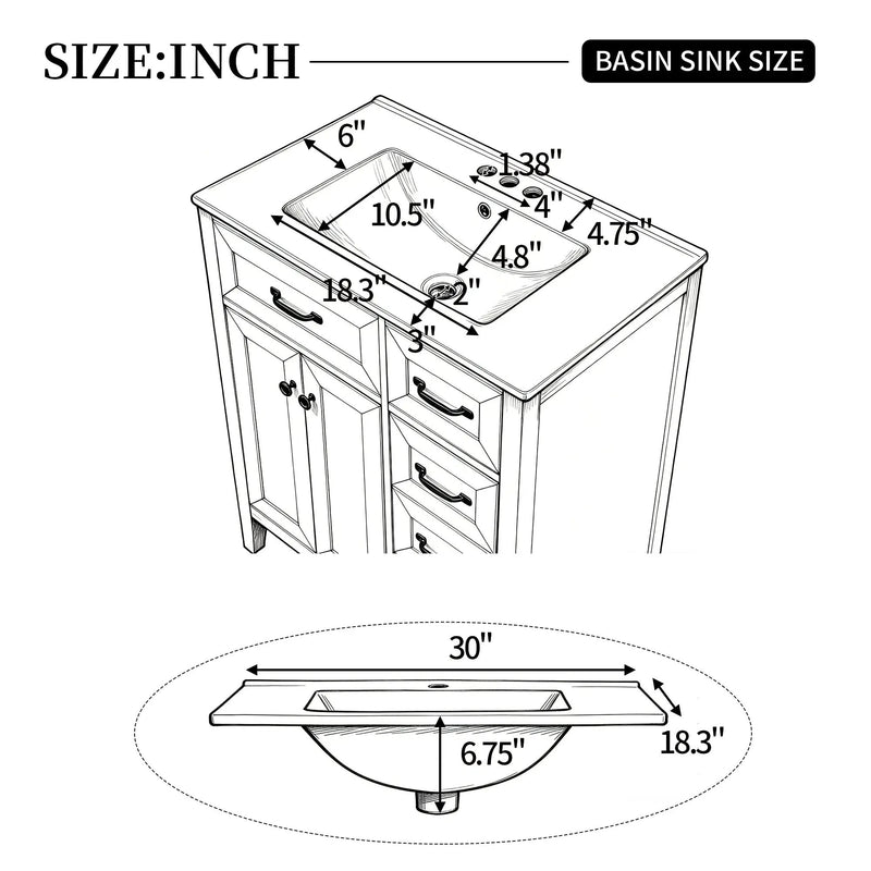 30" White Bathroom Vanity with Ceramic Sink by HouseOfZazla