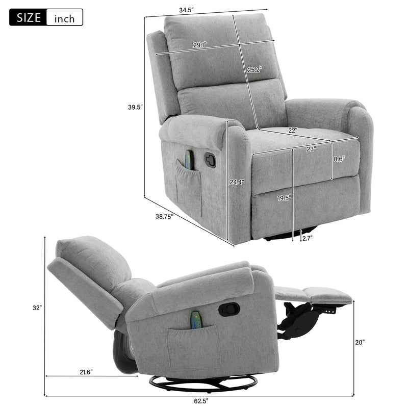 Manual Recliner Massage Chair With Swivel Rocker, 8 Massage Modes, Side Storage Pocket by Unique Piece Furniture