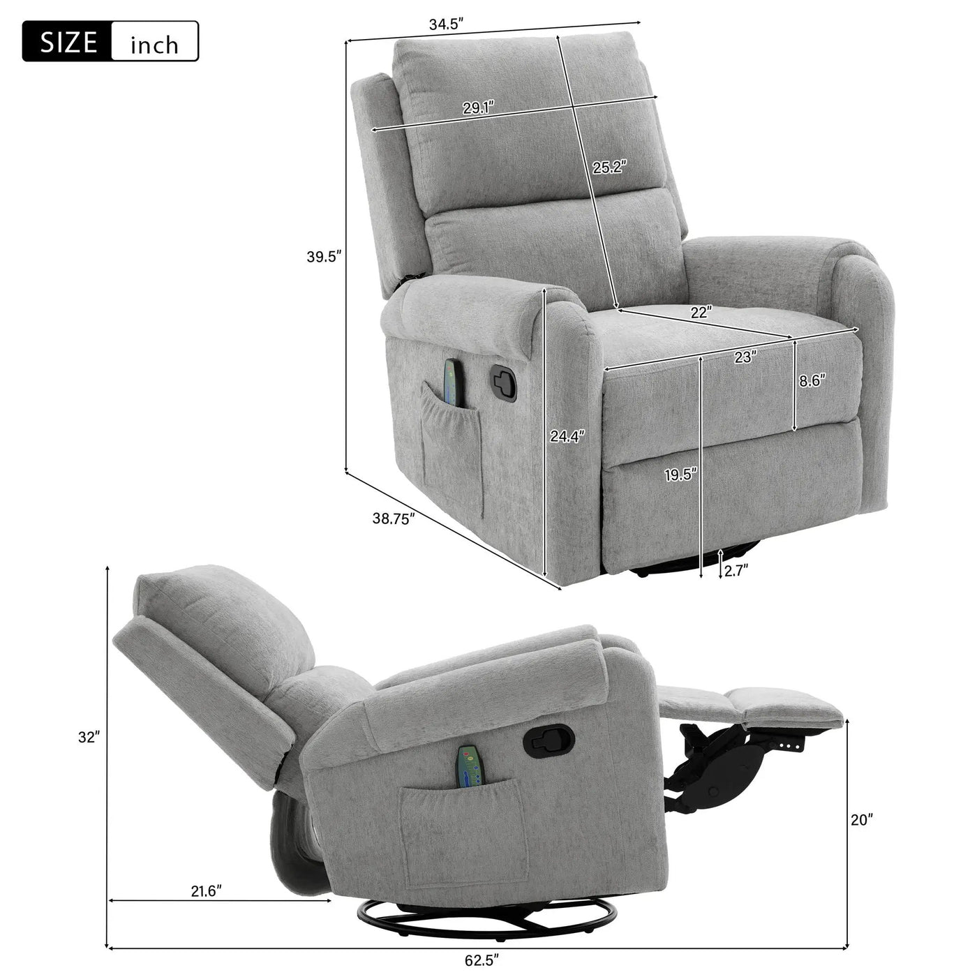 Manual Recliner Massage Chair With Swivel Rocker, 8 Massage Modes, Side Storage Pocket by Unique Piece Furniture