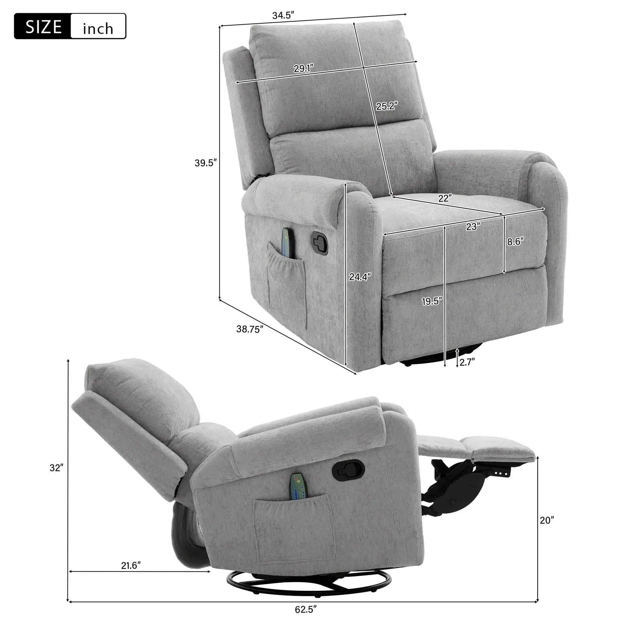 Manual Recliner Massage Chair With Swivel Rocker, 8 Massage Modes, Side Storage Pocket by Unique Piece Furniture