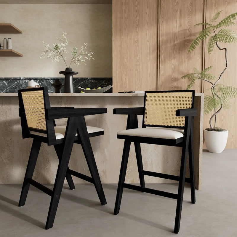 Woven Cane Plastic Backrest Bar Stool Foam Padded Fabric Seat & Durable Rubberwood Frame - Cream Gray by HouseOfZazla