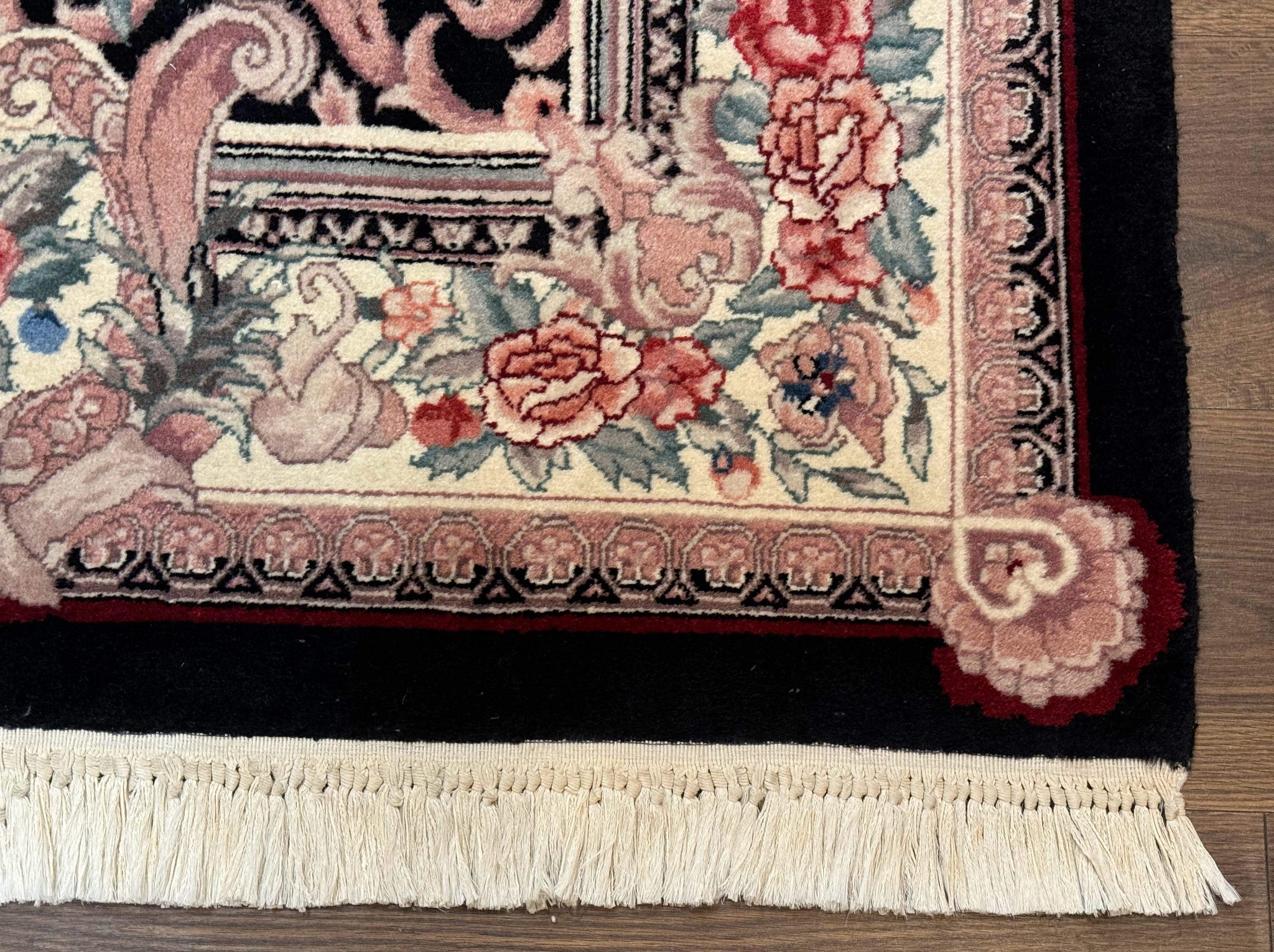 Aubusson Rug 4x6, Elegant European Floral Design, Black and Ivory, Fine 200 KPSI by Jewel Rugs