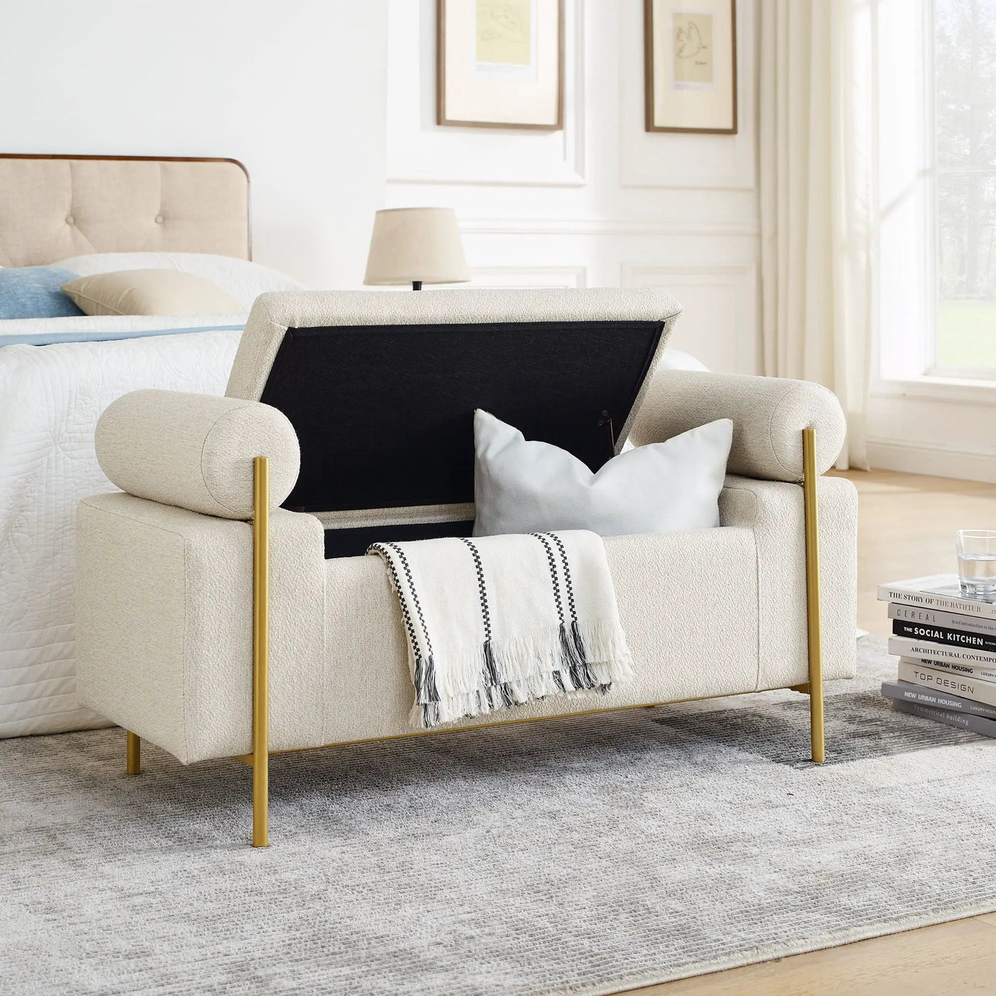 Elegant Upholstered Storage Bench With Cylindrical Arms And Iron Legs, by Unique Piece Furniture