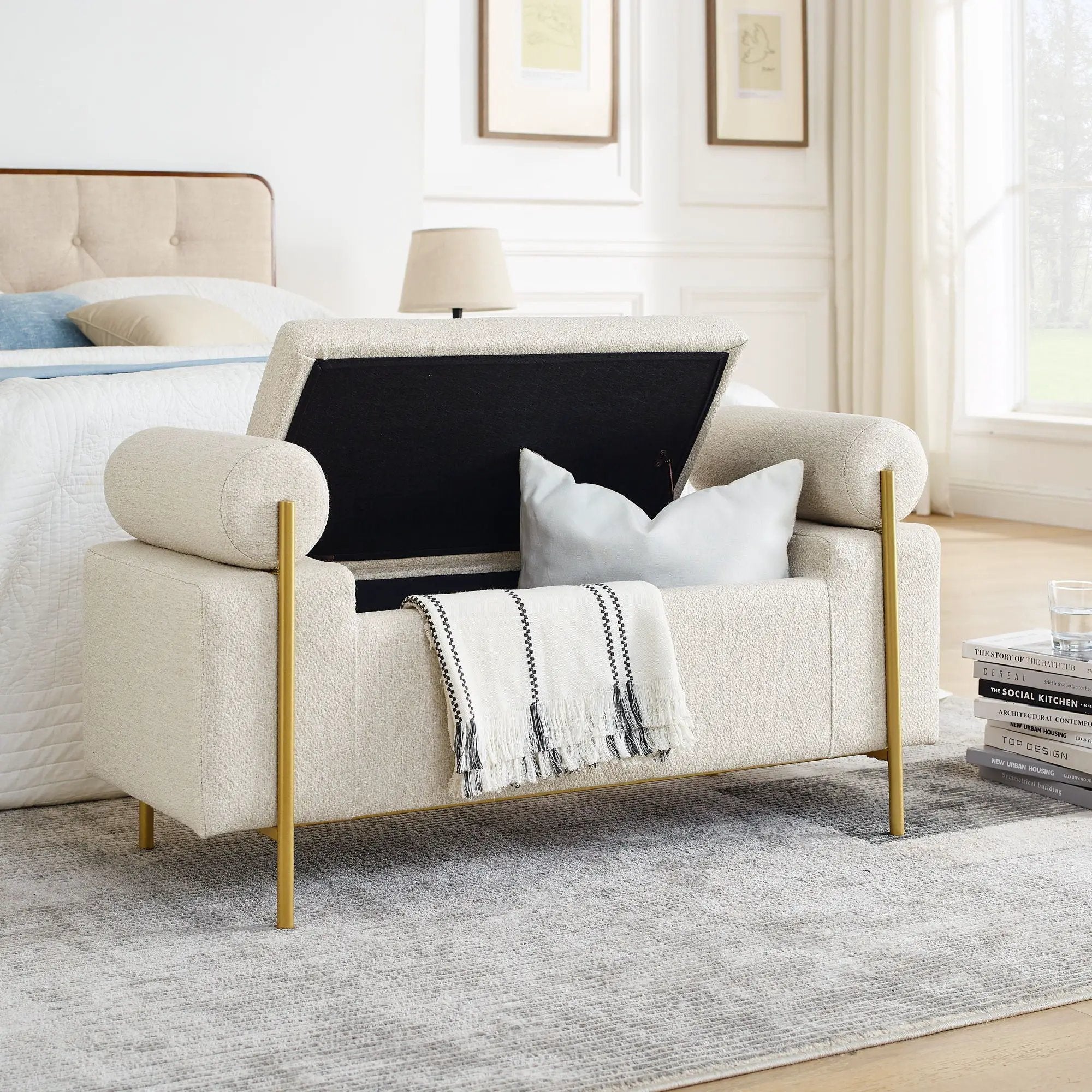 Elegant Upholstered Storage Bench With Cylindrical Arms And Iron Legs, by Unique Piece Furniture