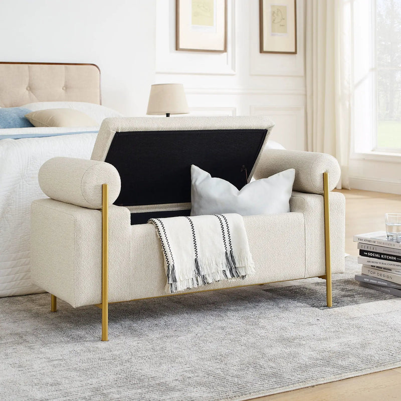Elegant Upholstered Storage Bench With Cylindrical Arms And Iron Legs, by HouseOfZazla