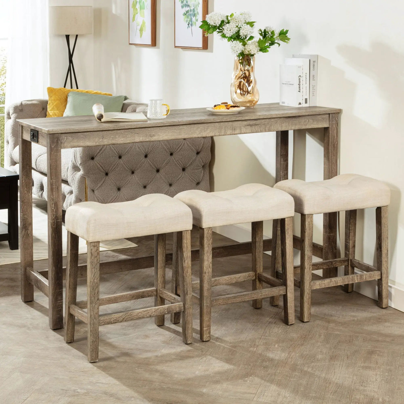 4 Piece Bar Table Set With Power Outlet, 3 Padded Stools by Unique Piece Furniture