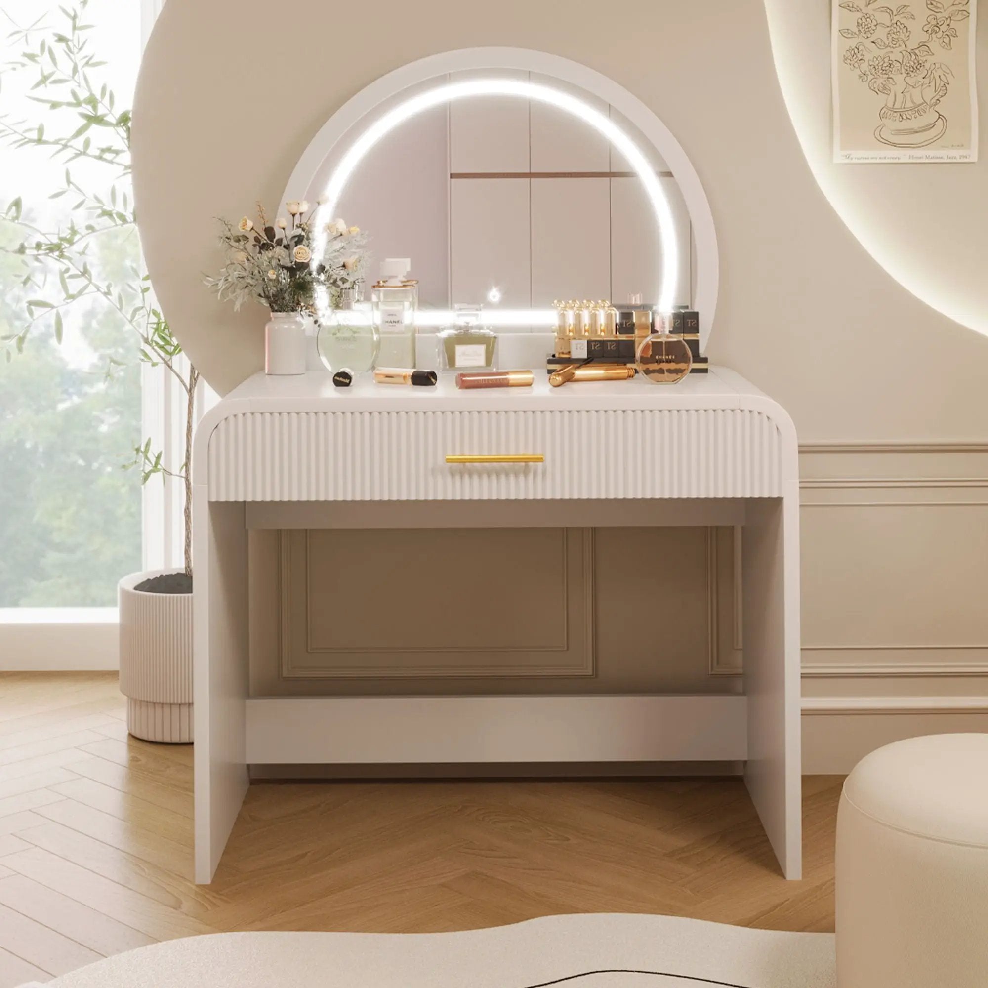 Makeup Vanity Table With Mirror Touch Screen Lighted Mirror, Dressing Table With Drawer For Bedroom - White by Unique Piece Furniture