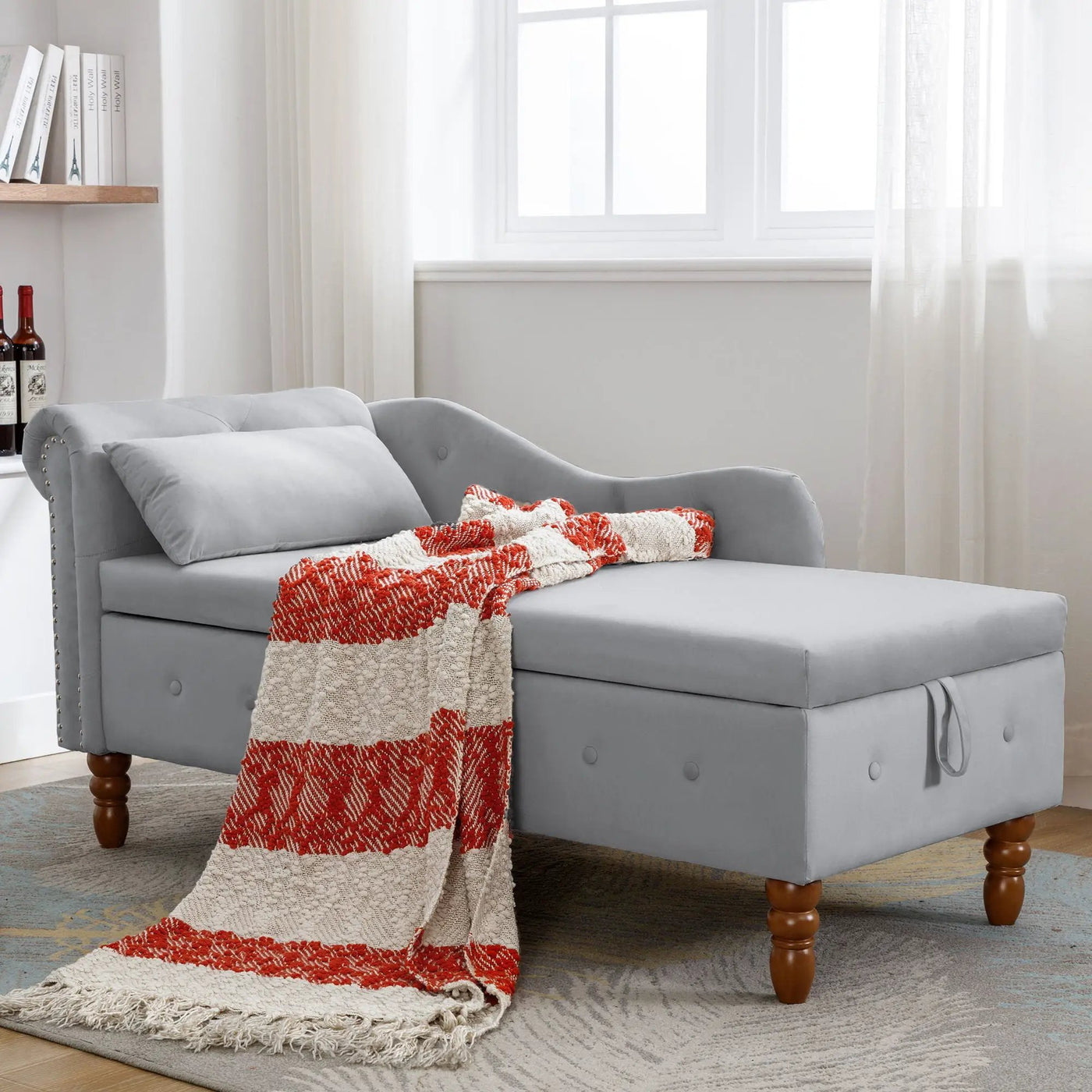 Chaise Lounge Indoor, Lounge Chair For Bedroom With Storage & Pillow, Modern Upholstered Rolled Arm Chase Lounge For Sleeping With Nailhead Trim For Living Room Bedroom Office by Unique Piece Furniture