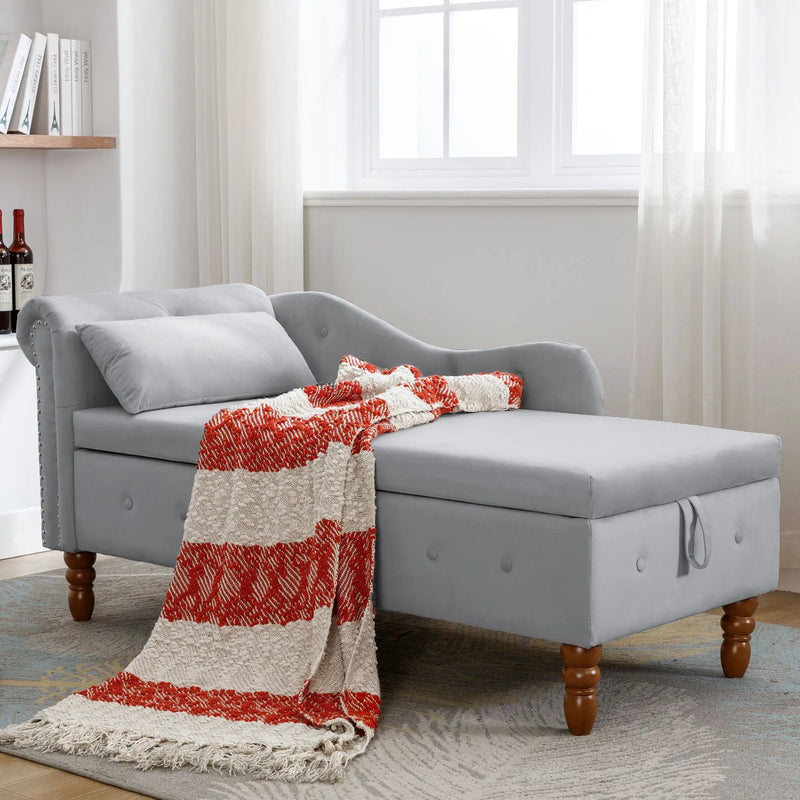 Chaise Lounge Indoor, Lounge Chair For Bedroom With Storage & Pillow, Modern Upholstered Rolled Arm Chase Lounge For Sleeping With Nailhead Trim For Living Room Bedroom Office by Unique Piece Furniture