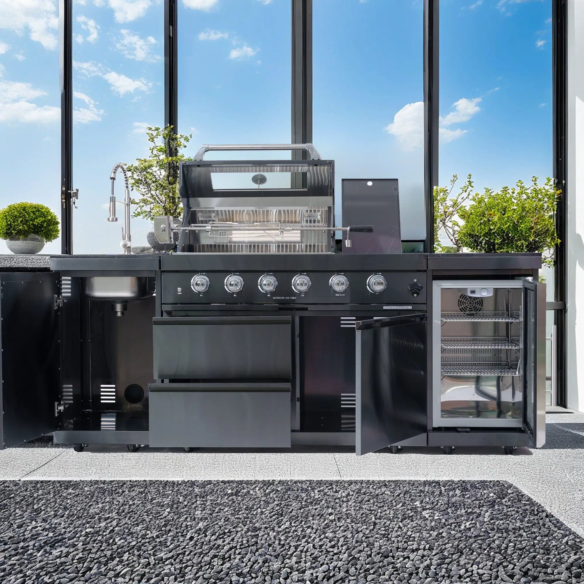 NG 85" 4-Burner 72,000 BTU Black Outdoor Kitchen Island Grill + Refrigerator + Sink by Chery Industrial