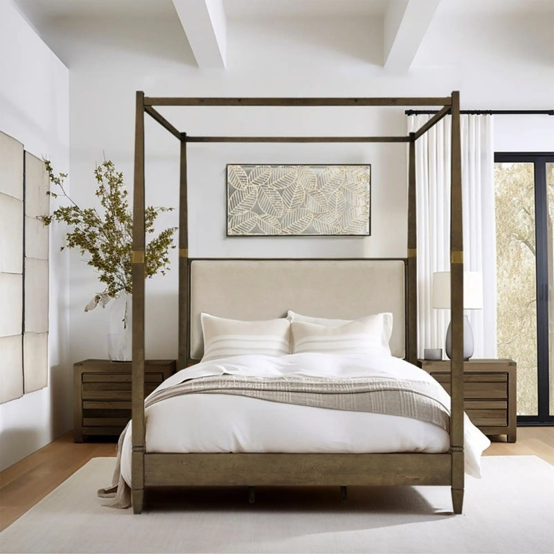 Queen Canopy Bed Frame With Upholstered Headboard - Brown by HouseOfZazla