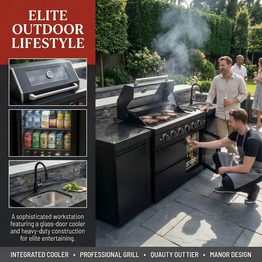 85" 4-Burner 72000 BTU Black Outdoor Kitchen Island Grill with Compact Refrigerator Marble Countertops Sink by Chery Industrial