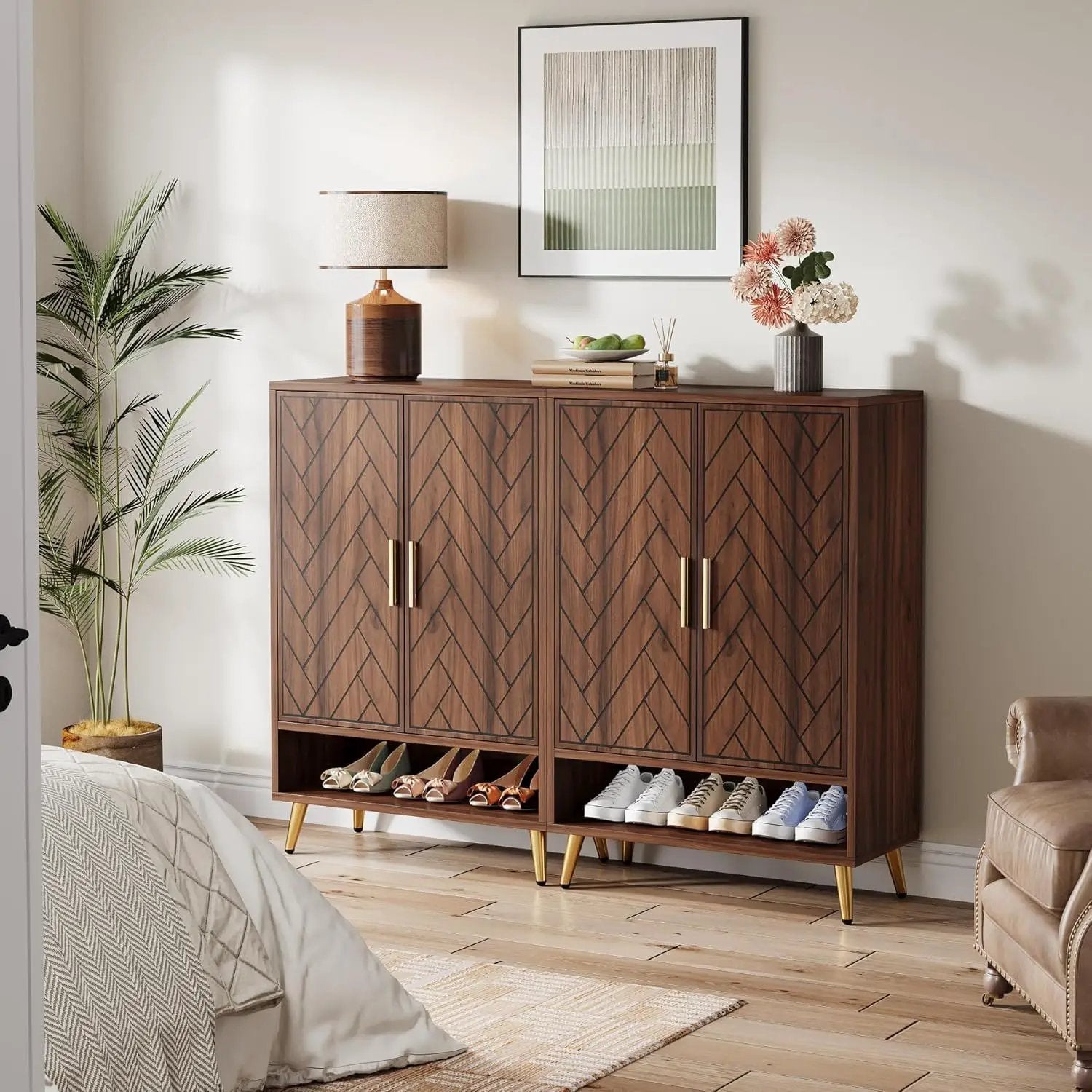 6 Tier Wooden Entryway Shoe Cabinet, Wide Storage Unit For 24 Pairs Of Shoes - Walnut by HouseOfZazla