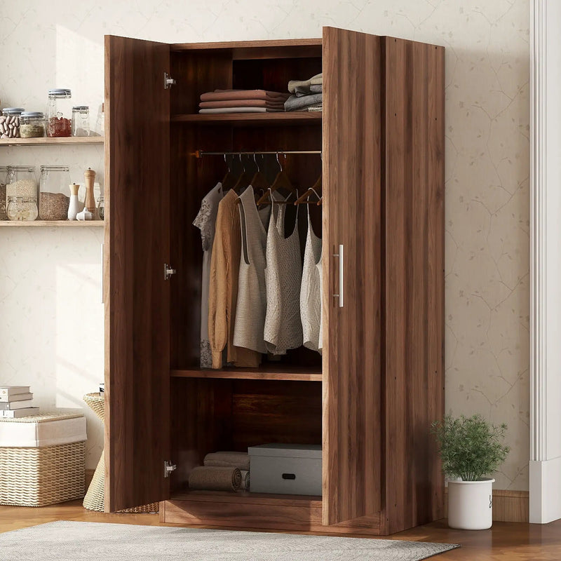 2 Door Wooden Wardrobe Armoire With 3 Storage Shelves - Brown by Unique Piece Furniture