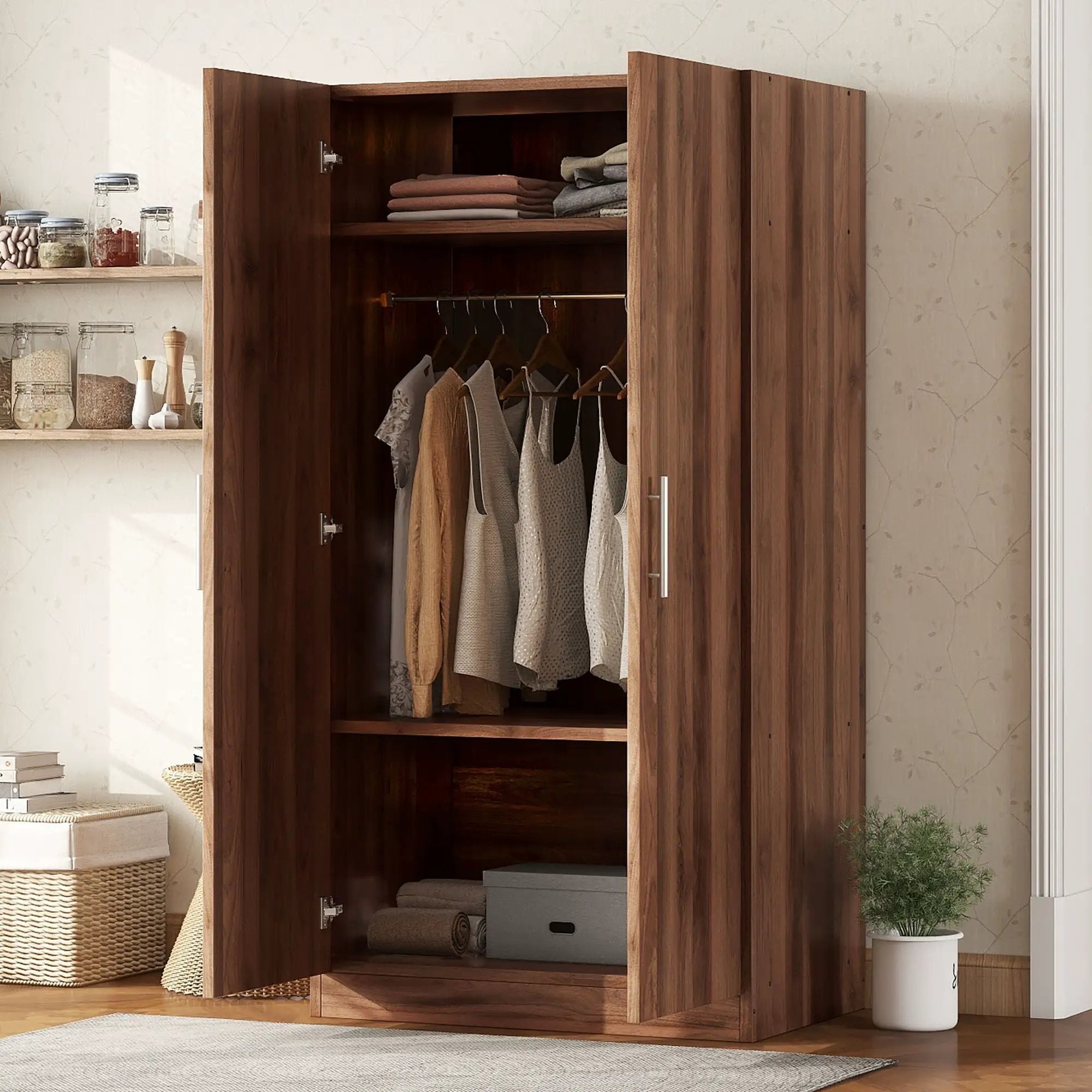 2 Door Wooden Wardrobe Armoire With 3 Storage Shelves - Brown by HouseOfZazla