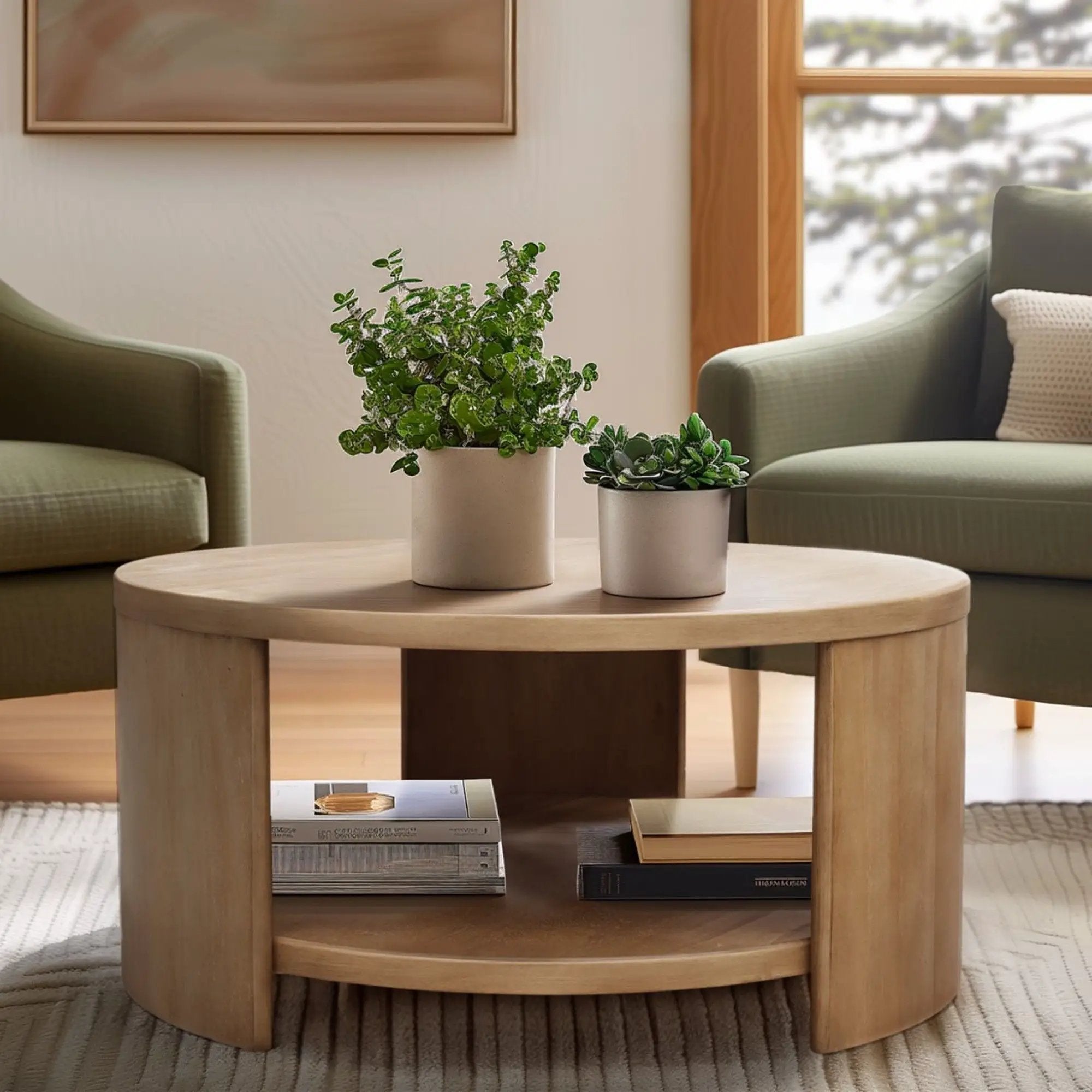 Minimalist Round Coffee Table With Shelf Storage - Natural by Unique Piece Furniture