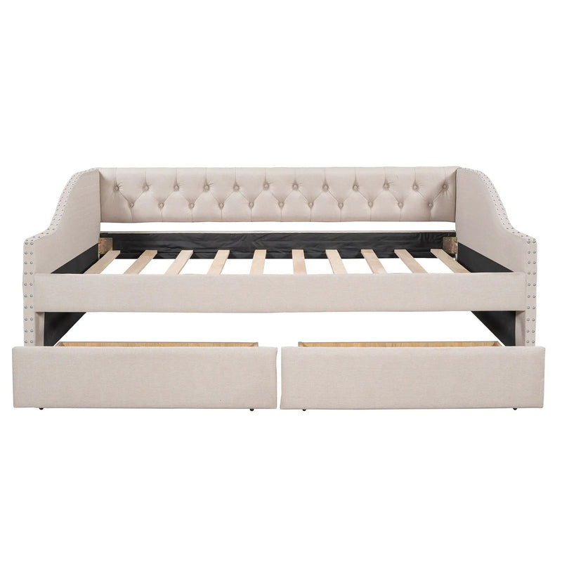 Upholstered Daybed With Two Drawers, Wood Slat Support by Unique Piece Furniture