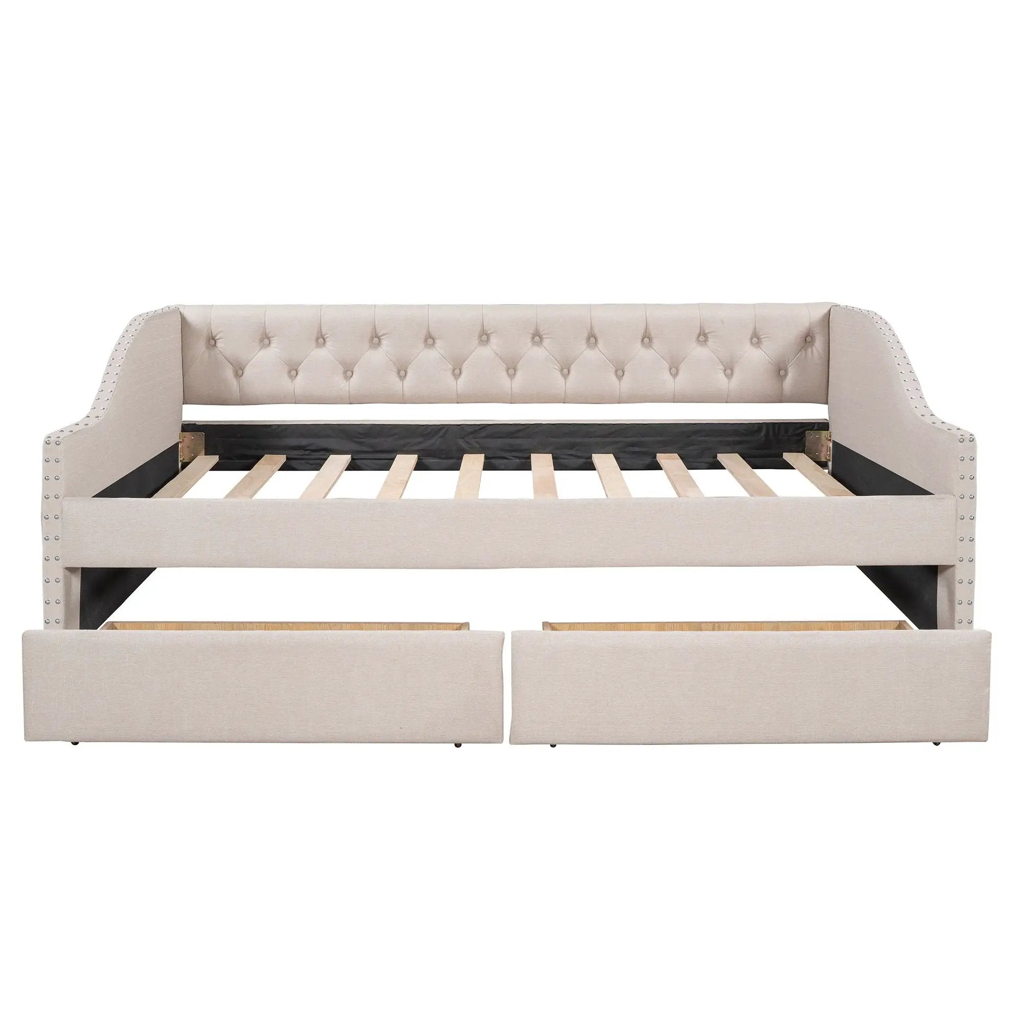 Upholstered Daybed With Two Drawers, Wood Slat Support by HouseOfZazla