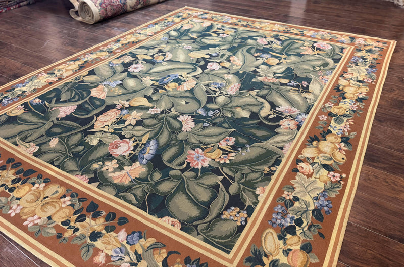 Needlepoint Rug 8x10, Vintage, Handmade, Wool, Green, Leaves & Fruits by Jewel Rugs