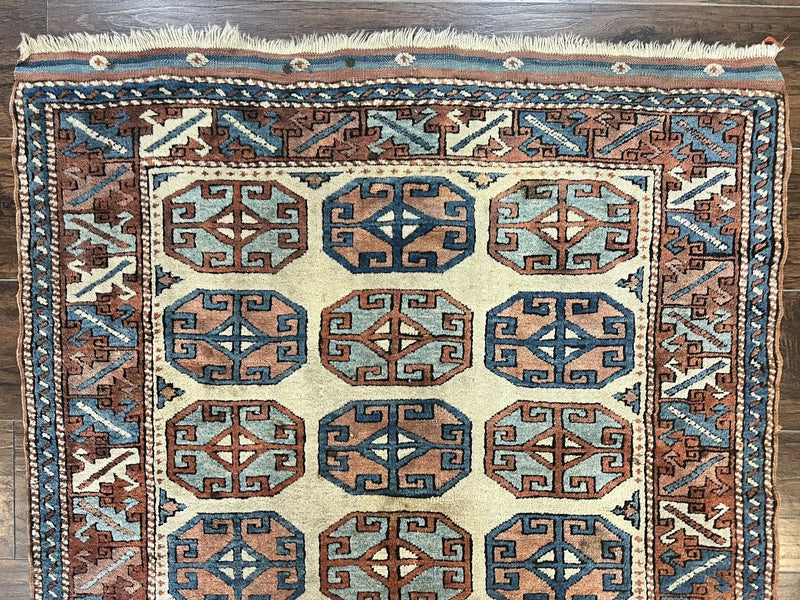 Turkish Kazak Rug 3x4, Wool Hand Knotted Handmade Vintage Carpet, Geometric Tribal Repeated Motif, Small 3 x 4 Antique Rug, Cream Red by Jewel Rugs