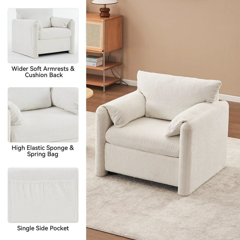 Fixed Modern Accent Chair Single Seater Plush Chenille Lounge Chair With High Resilience Cushion - Ivory White by HouseOfZazla