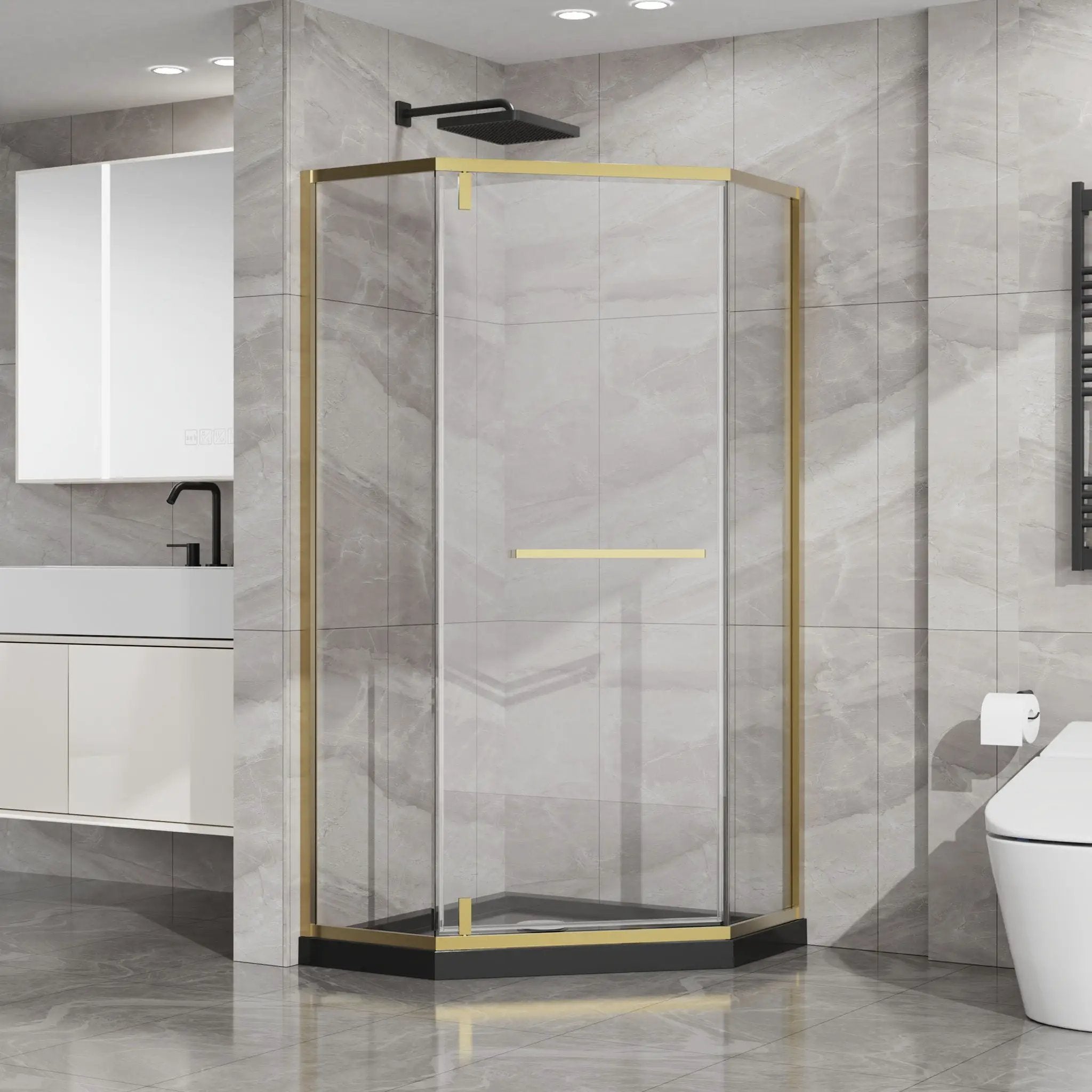 Goodyo - Neo-Angle Frameless Shower Door Corner Enclosure With Acrylic Shower Base Combo, Pivot Shower Door by HouseOfZazla