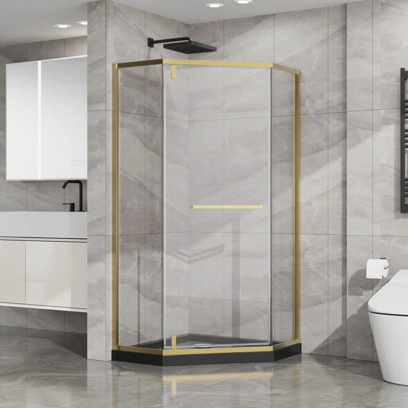 Goodyo - Neo-Angle Frameless Shower Door Corner Enclosure With Acrylic Shower Base Combo, Pivot Shower Door by HouseOfZazla