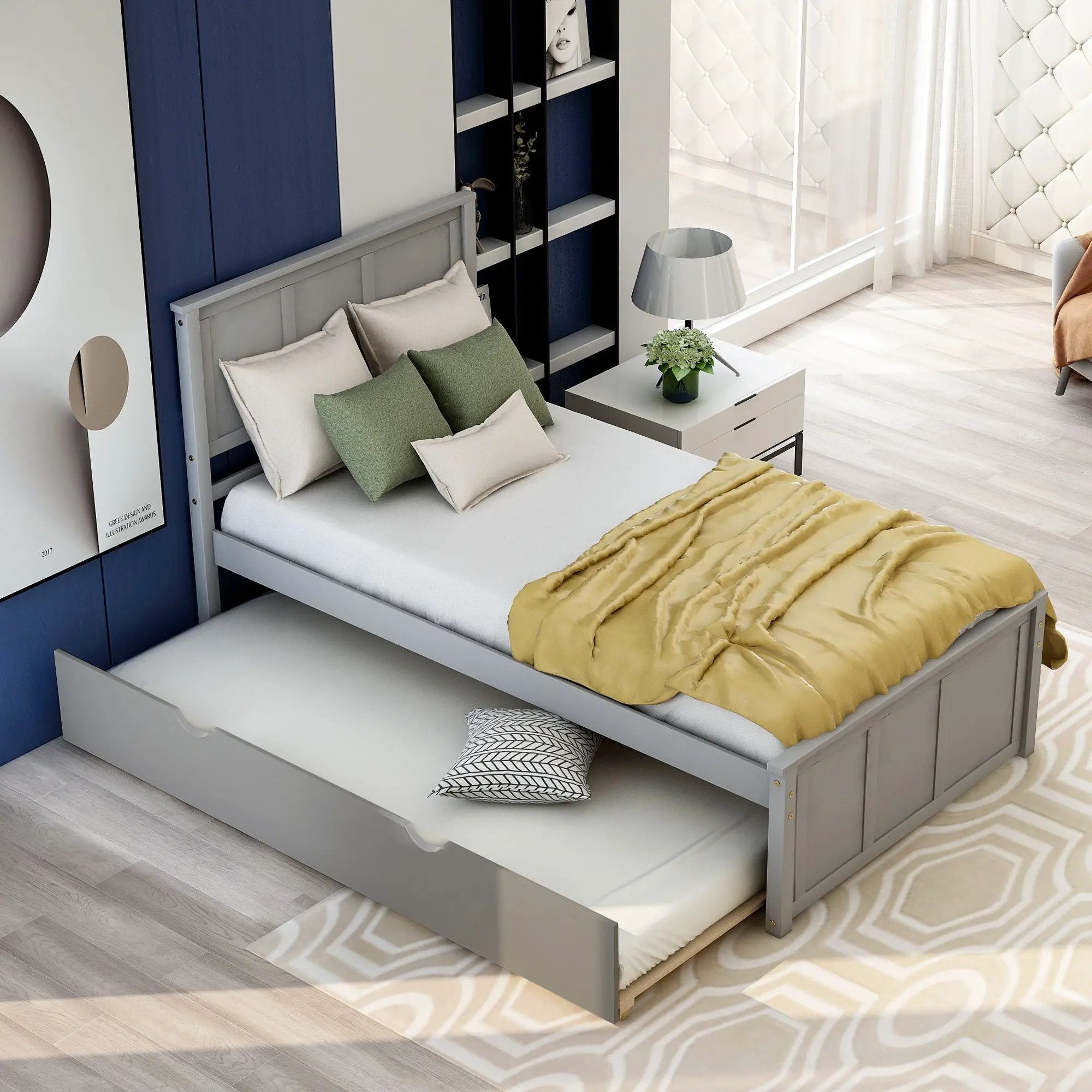 Platform Bed With Twin Trundle And Frame, Twin Size - Gray by Unique Piece Furniture