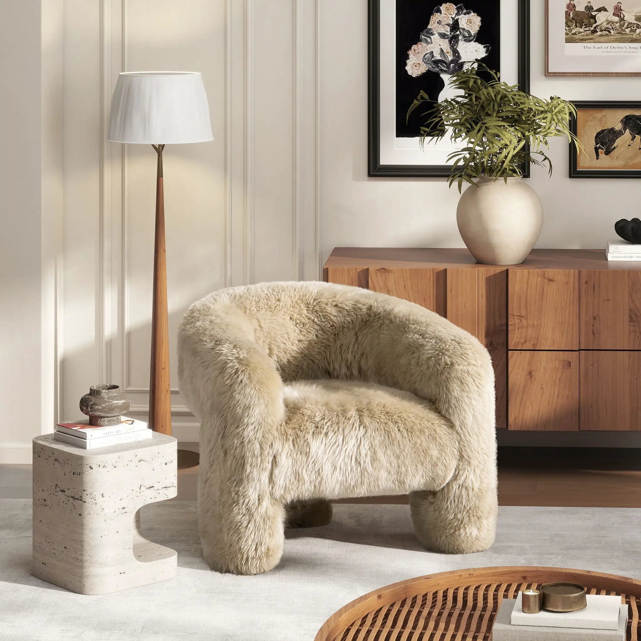Avalon - Genuine Sheepskin Fur Split Barrel Back Accent Chair - Natural Blonde by Unique Piece Furniture
