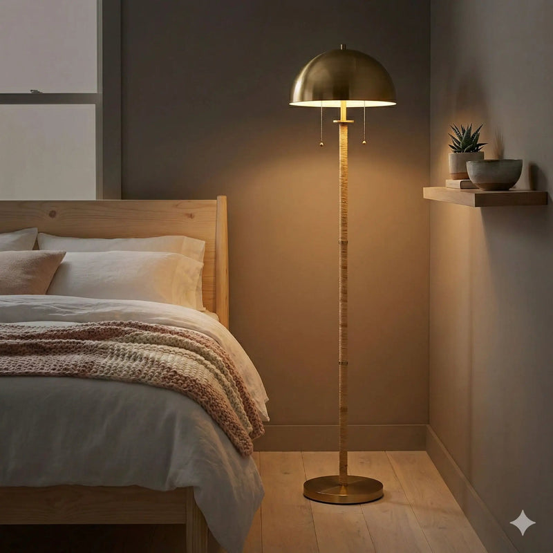 Allure - 2 Light Floor Lamp, Gold, Natural Tube, Double On / Off Pull Chain - Gold / Rattan by Unique Piece Furniture