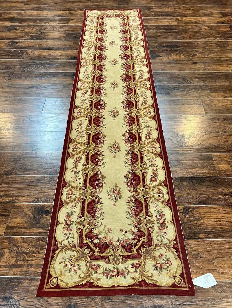 Needlepoint Runner Rug 2.5 x 10.7, Tan Runner Rug, Flatweave Runner, Aubusson European Design, Needlepoint Rug, Long Runner, Hallway Rug by Jewel Rugs