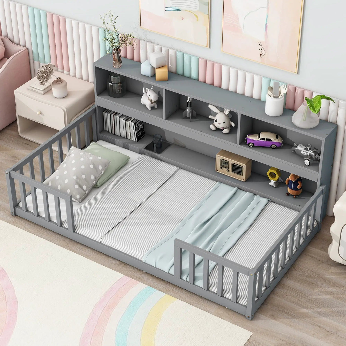Floor Bed With Bedside Bookcase, Shelves, Guardrails by Unique Piece Furniture