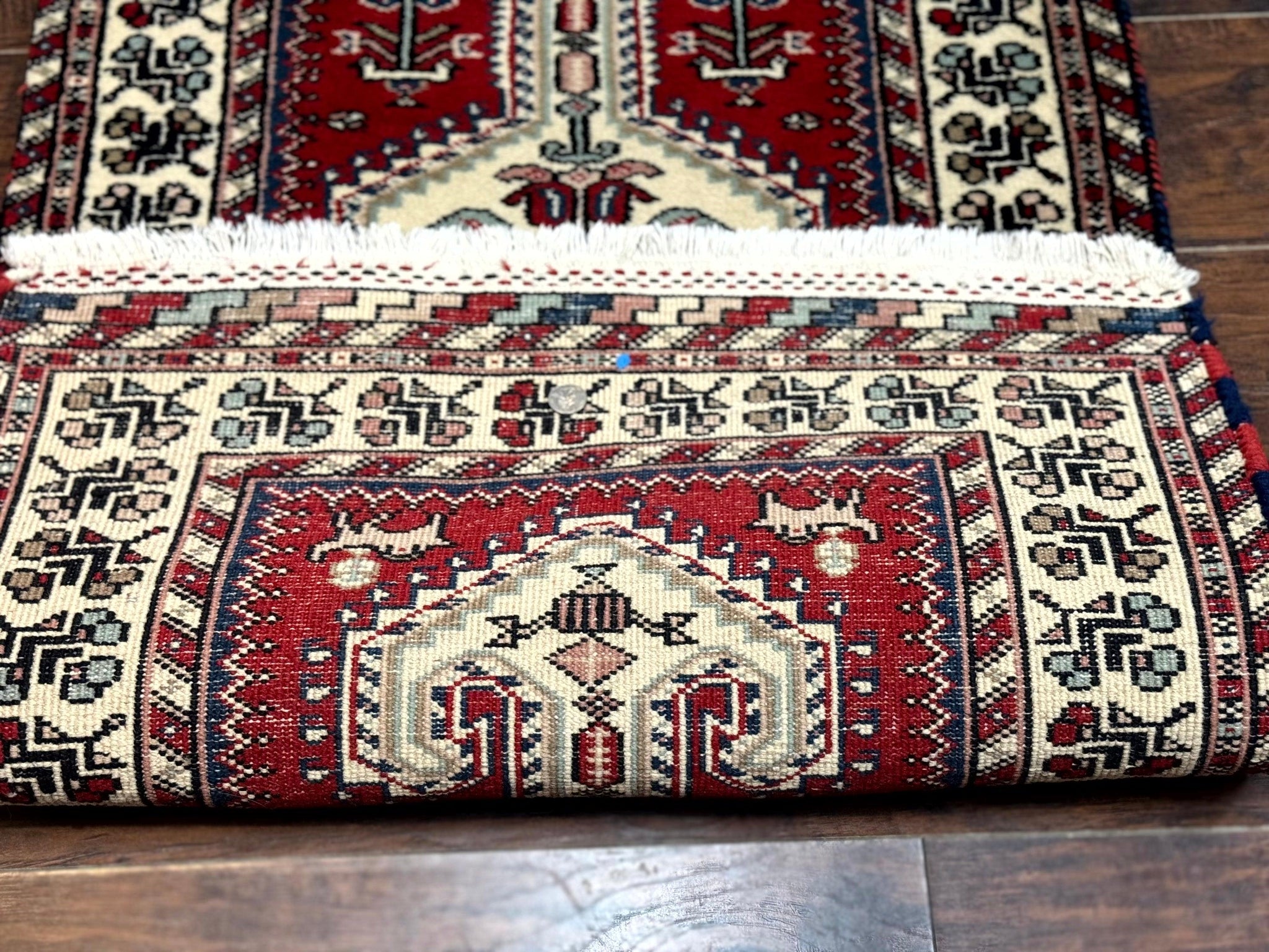 Indo Persian Runner Rug 2.6 x 12, Heriz Geometric Caucasian Design, Animal Pictorials, Tribal Runner Rug, Vintage Handmade Wool Red by Jewel Rugs