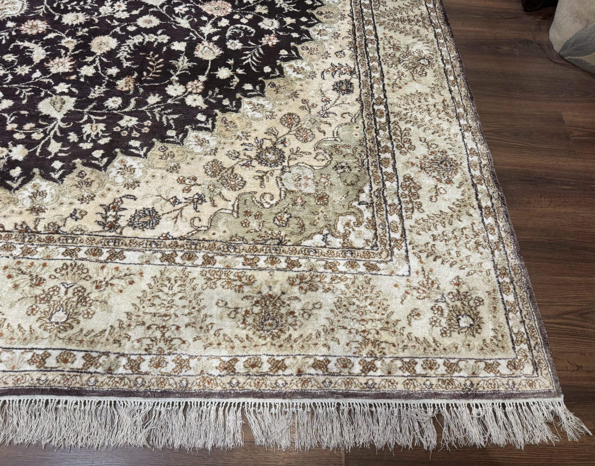 Indian Kashmiri Silk Rug 10x14, Floral Medallion by Jewel Rugs