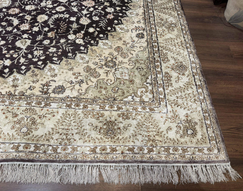 Indian Kashmiri Silk Rug 10x14, Floral Medallion by Jewel Rugs