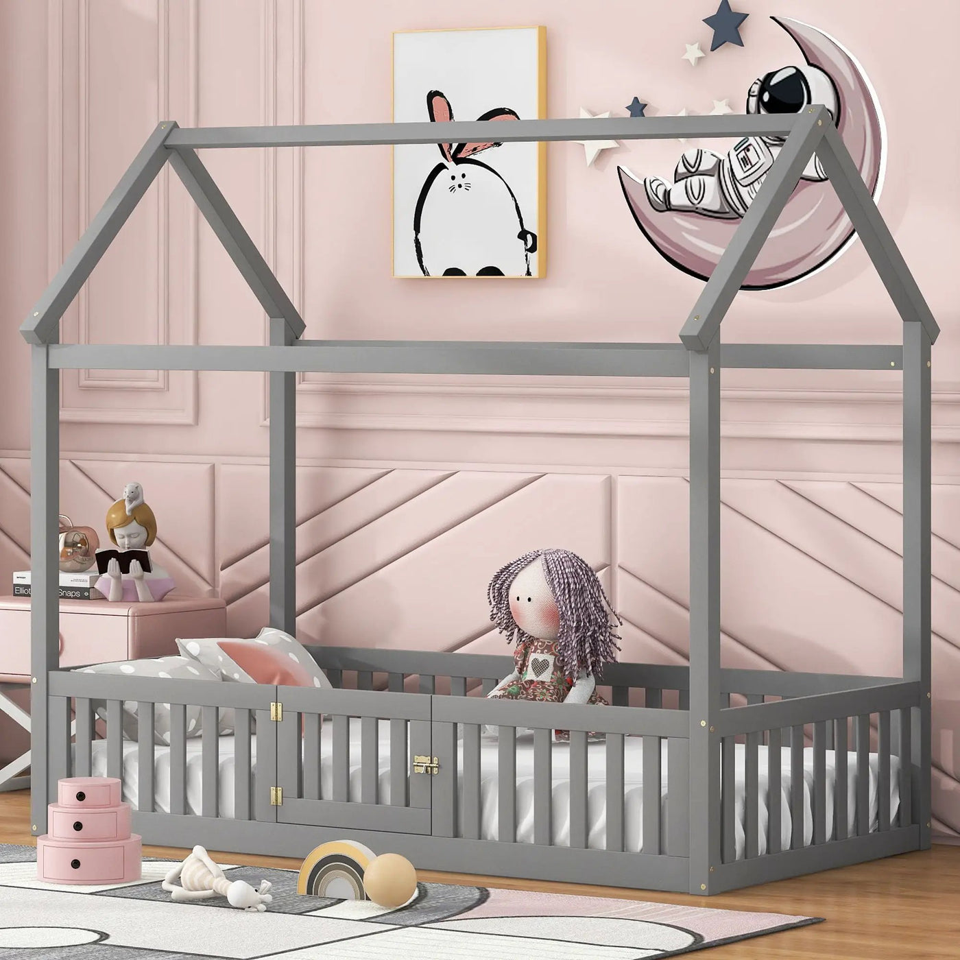 Wood House Bed With Fence And Door by Unique Piece Furniture